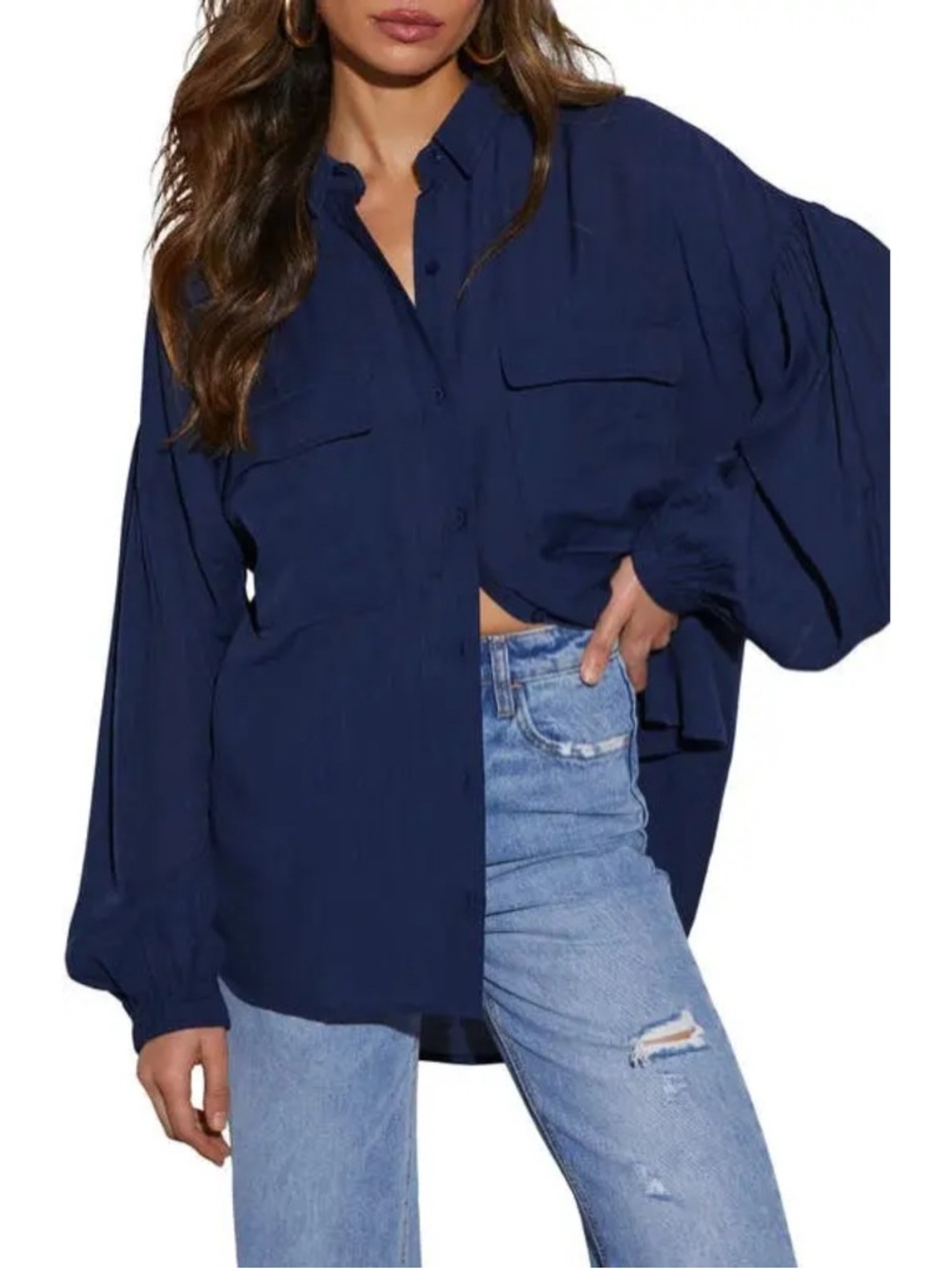 Vici Elowen Balloon Sleeve Oversized Button Up Slouchy Shirt Navy Blue Medium